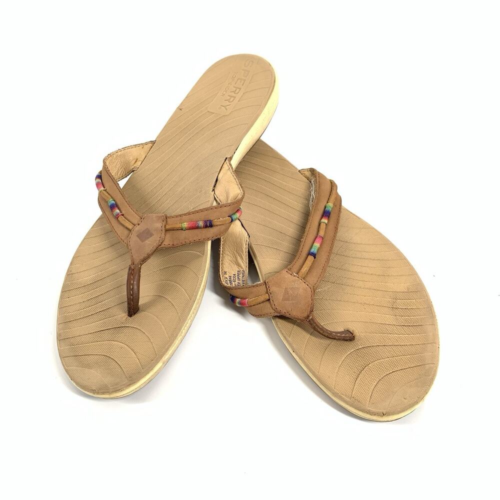 Sperry Top Sider Rainbow Thread Thong Leather Flip Flops 9 Womens Tan Sandals